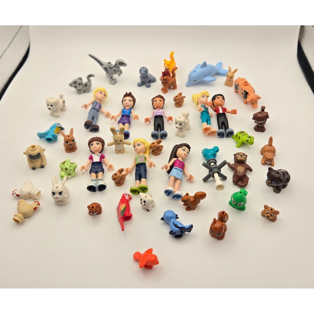 LEGO Friends Minifigure Lot 7 Mini Dolls and 30 Plus Animals Dolphin Raptor Pig